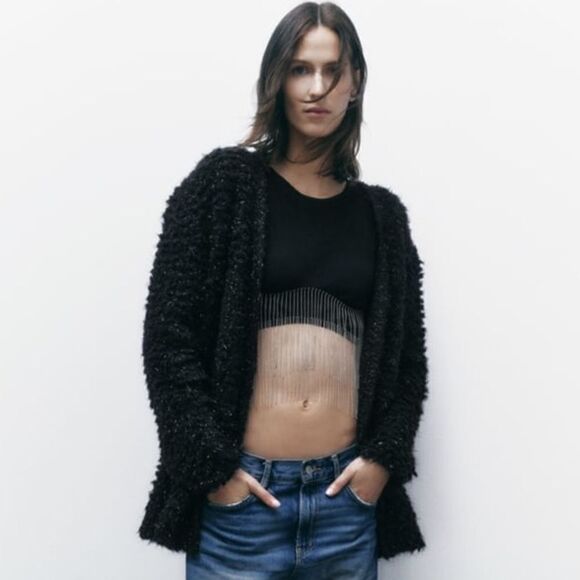 ZARA METALLIC THREAD LONG KNIT CARDIGAN - Picture 1 of 6